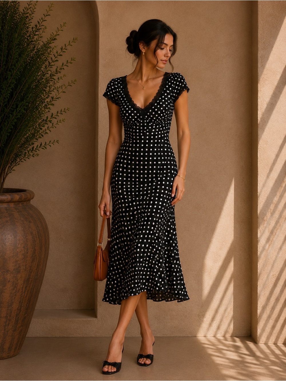 Commense Black Polka Dot Lace V-Neck Midi Dress S | Romantic Feminine